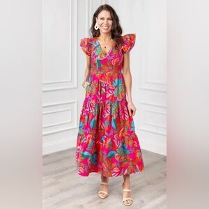 Sugarlips Fuchsia Maxi Dress with Teal and Coral Leaf Print